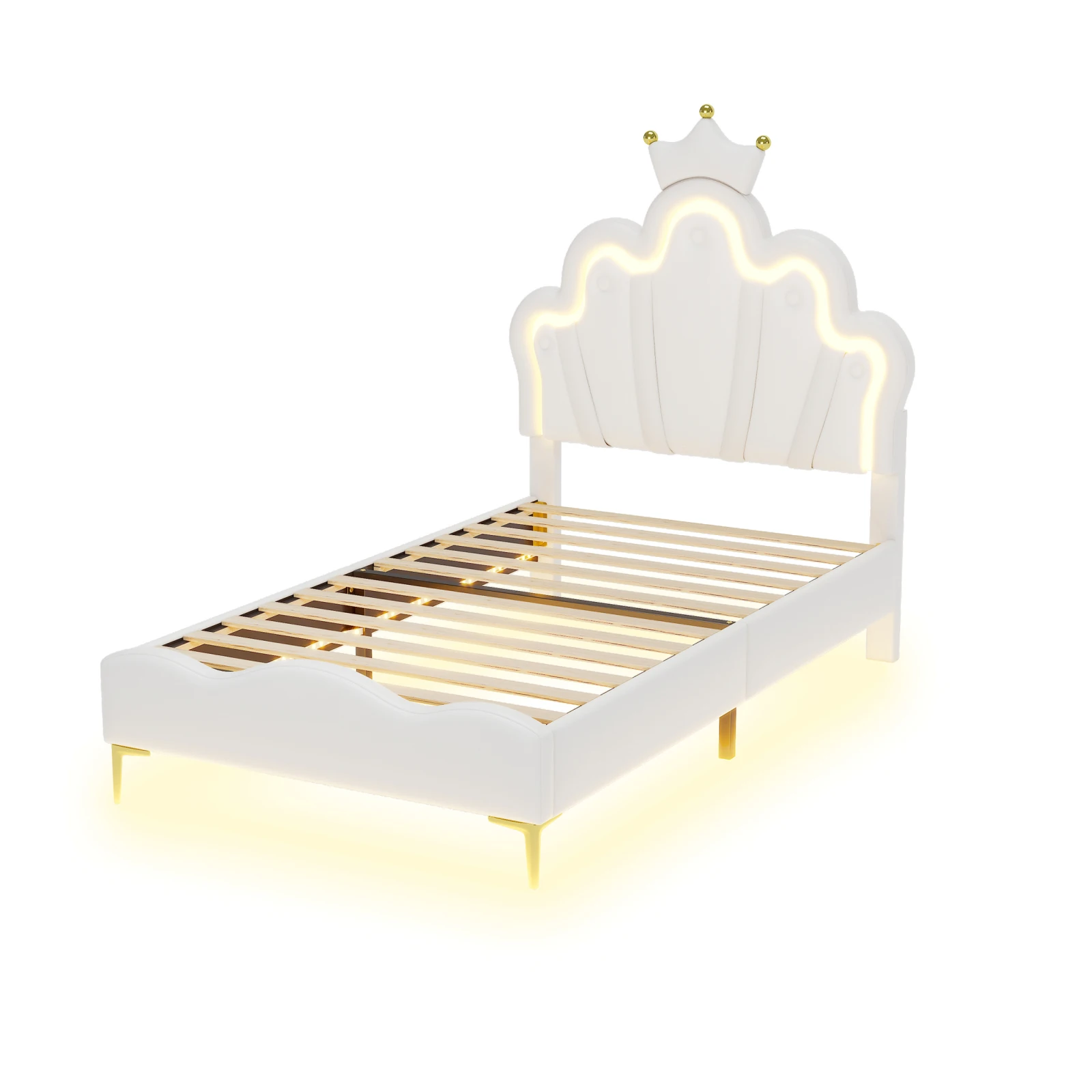 Eenpersoonsbed 90x200 cm-Kinderbed 90x200 cm-Prinsessenbed met kroon-Verstelbare lichtbalk