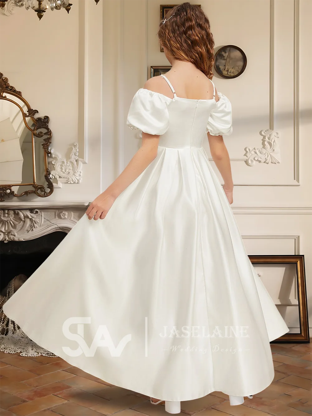 Ball Gown Princess Cold Shoulder Floor Length Satin Junior Bridesmaid Dress Flower Girl Dress Rhinestone Party Wedding Formal