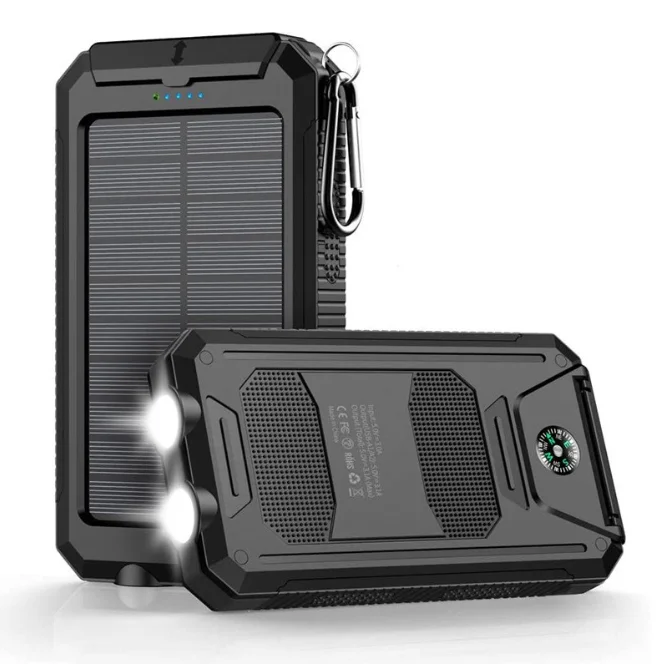 20000-mAh-Solar-Powerbank, tragbares Solar-Handy-Ladegerät mit 2 USB-Anschlüssen, LED-Taschenlampe und Kompass, wiederaufladbarer externer Akku für Camping, Wanderungen und Outdoor-Aktivitäten.