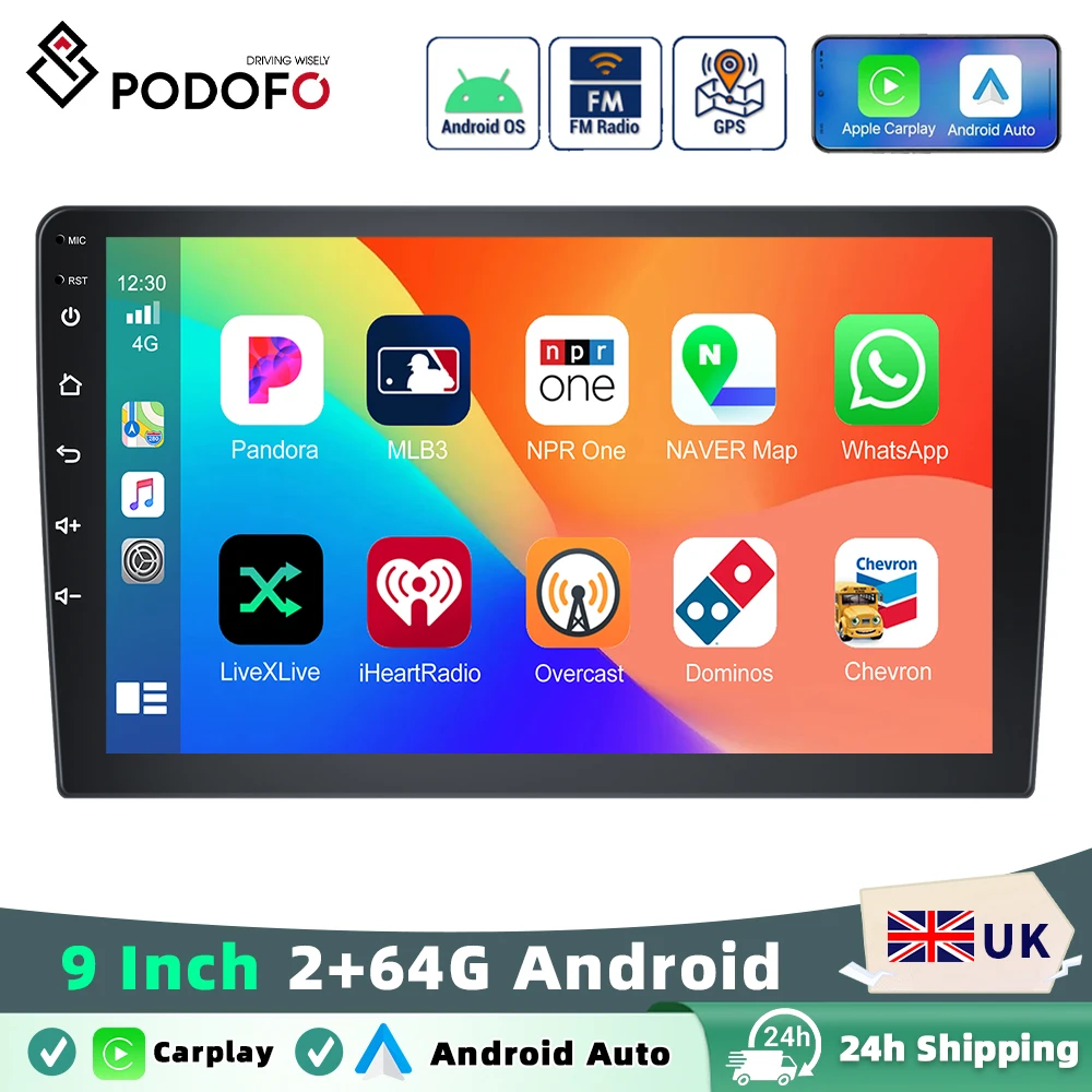 Podofo Wireless CarPlay Android Auto Car Stereo Radio 9Inch 2 Din HD Universal Stereo Multimedia Player BT GPS WIFI
