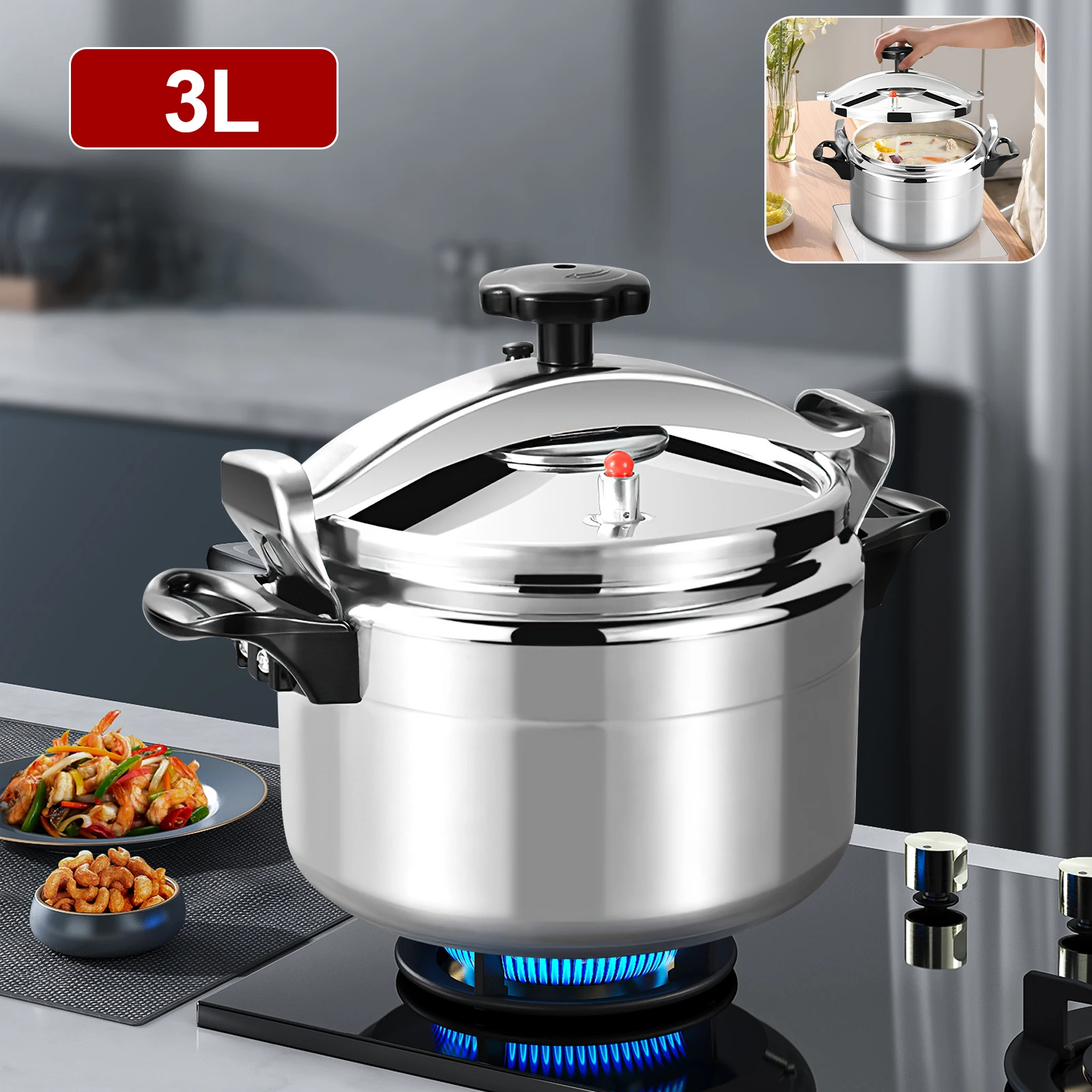 Casserole à pression en aluminium 3L, anti-explosion, double fond, chauffage rapide et uniforme avec soupape de sécurité, poignée en bakélite pour cuisinière à gaz, usage domestique/restaurant,