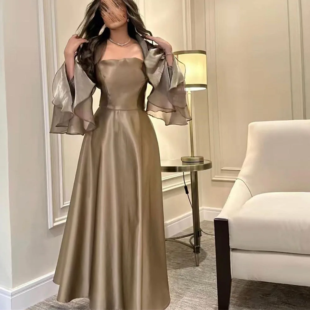 Customized Solid Color Full Flare Sleeves Prom Gown Modern Ankle-Length A-line Simple Elegant Evening Party Dresses فساتين للحفل