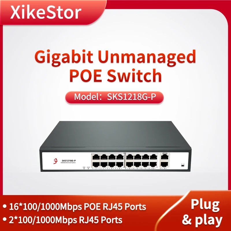 XikeStor 16 POE RJ45 Port 1 RJ45 Port Gigabit Switch Plug & Play AI Intelligent Detection POE Power Supply Widely Compatible