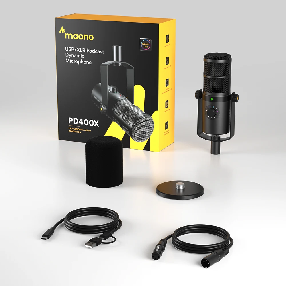 Microfone dinâmico maono USB/XLR All Metal com conector de fone de ouvido mudo de um toque e controle de volume para streaming de podcast PD400X