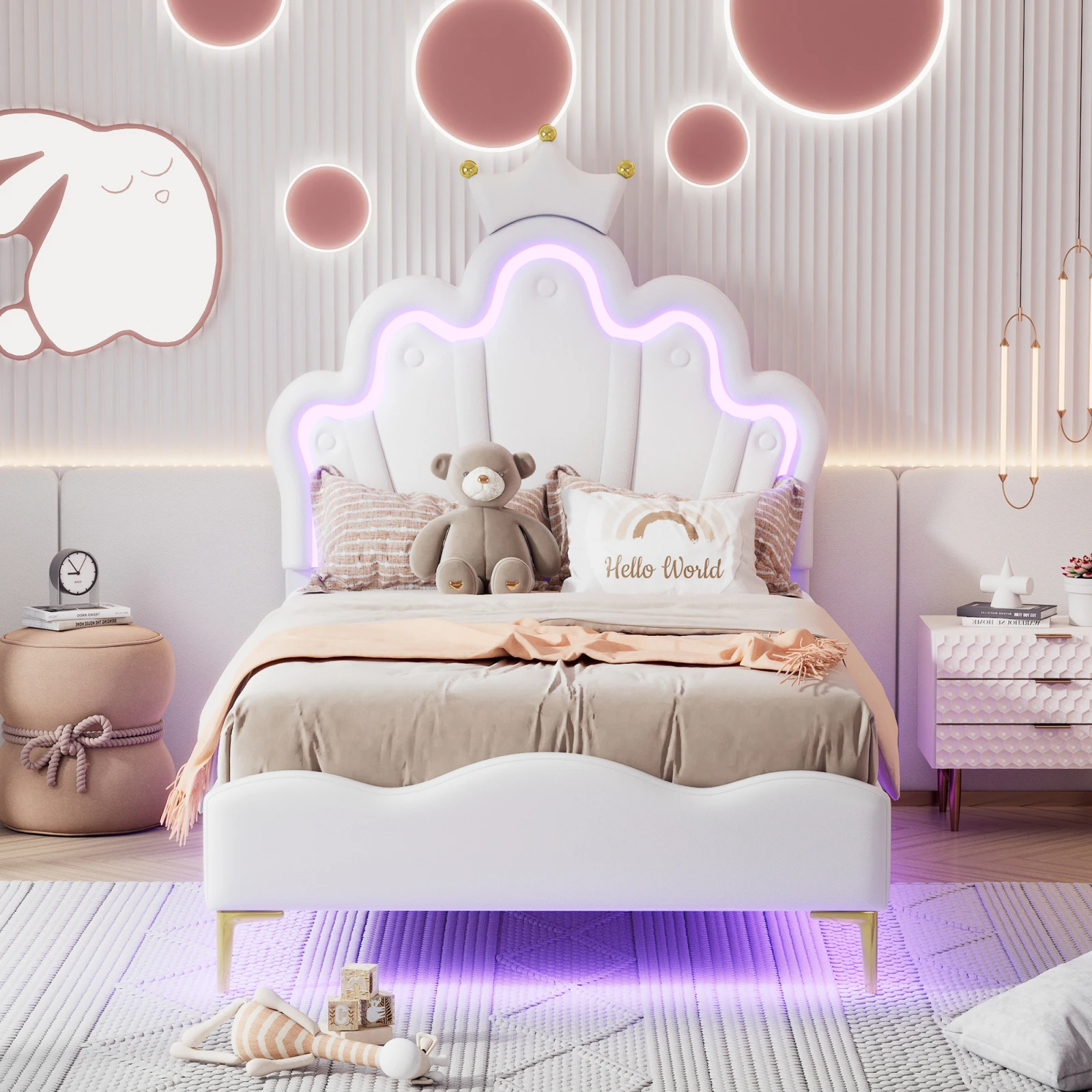 Eenpersoonsmeisjesbed 90x200 cm, kinderbed 90x200 cm, prinsessenbed voor meisjes met ledverlichting, hoofdeinde in de vorm van een bloemblad en een kroon, wit/roze, PU