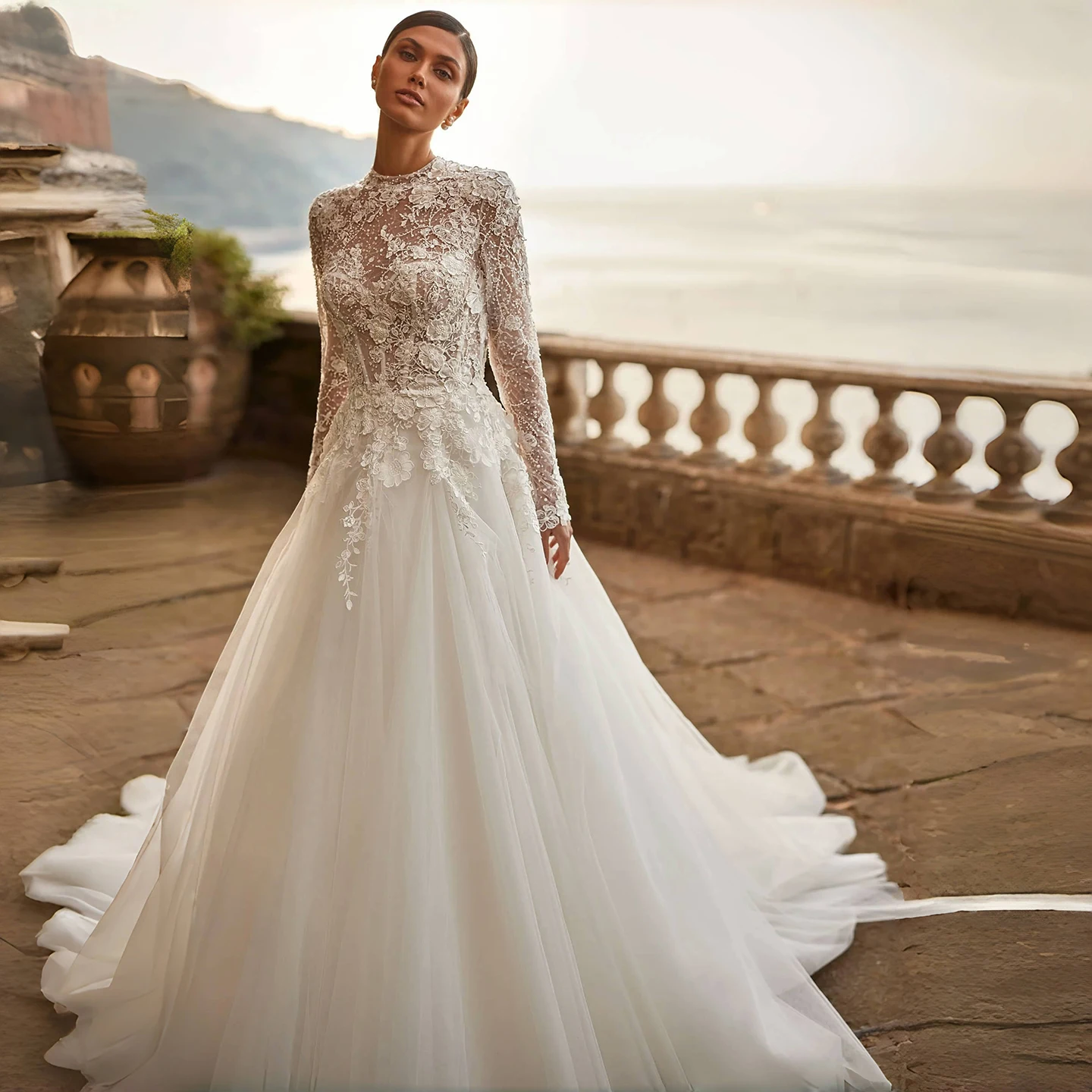 

Sharon Said 2025 Elegant High Neck A-Line Tulle Wedding Dress Vintage Long Sleeve Off White Pearl Bride Gowns SW499 Customized