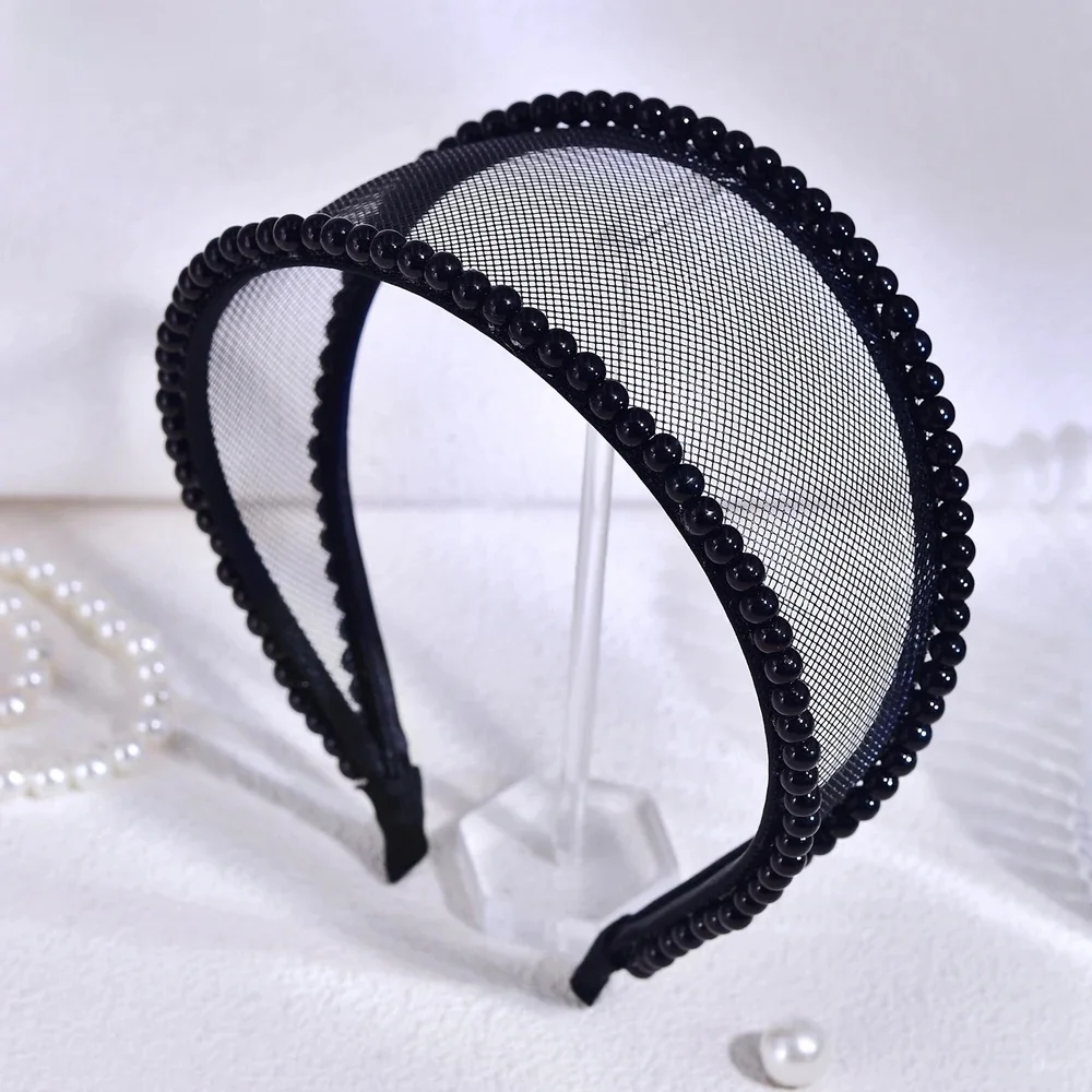 HNYYX Pearl minimalistyczne akcesoria do włosów czarna siatka codzienna opaska na głowę dla kobiet i dziewcząt imprezowa opaska na głowę biżuteria ślubna Tiara A264 — zdjęcie 2