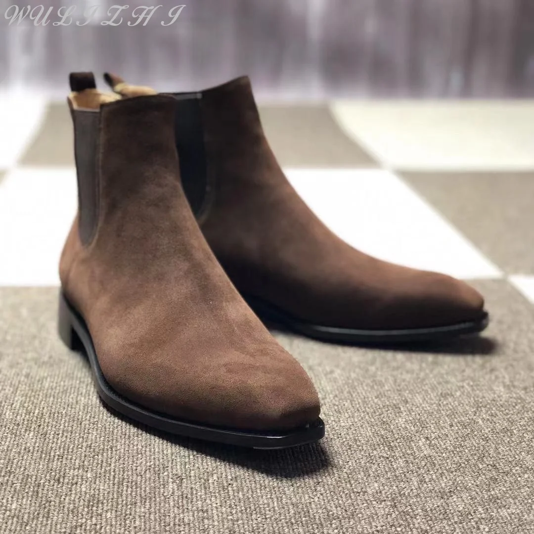 Brown Vintage Low Heel Cowhide Chelsea Men\'s Leather Boots Designer Ankle Boots Handmade Genuine Leather Men Shoes Autumn