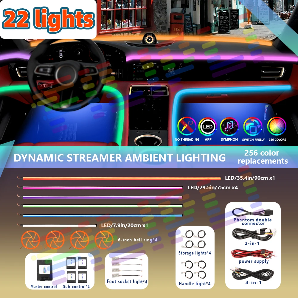 Car Ambient Acrylic Colorful Lamp Strip 64 RGB LED Auto Interior Accessories App Neon Remote Control Atmosphere Lights 22in1