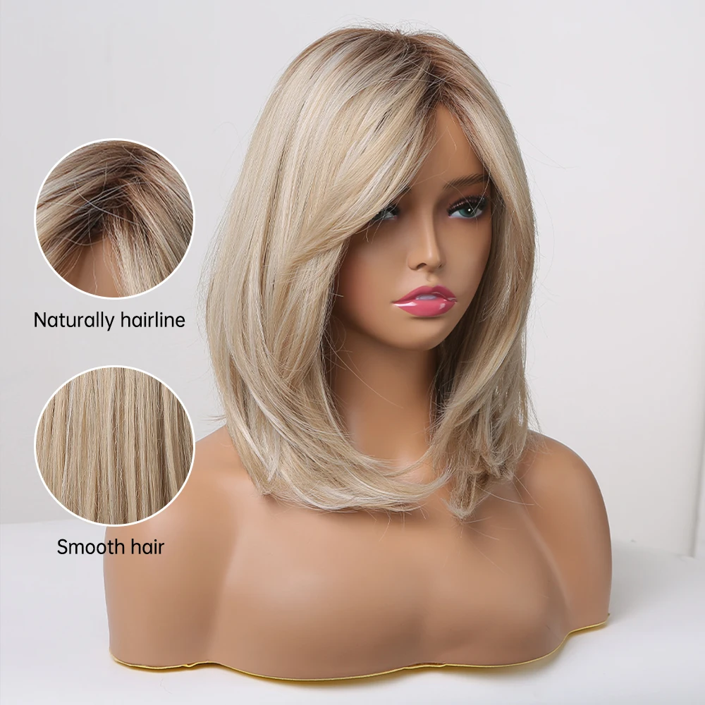 Short Straight Light Gray Blonde Synthetic Wigs with Bangs Shoulder Length Bob Hair Wig for Women Natural Heat Resistant Hair