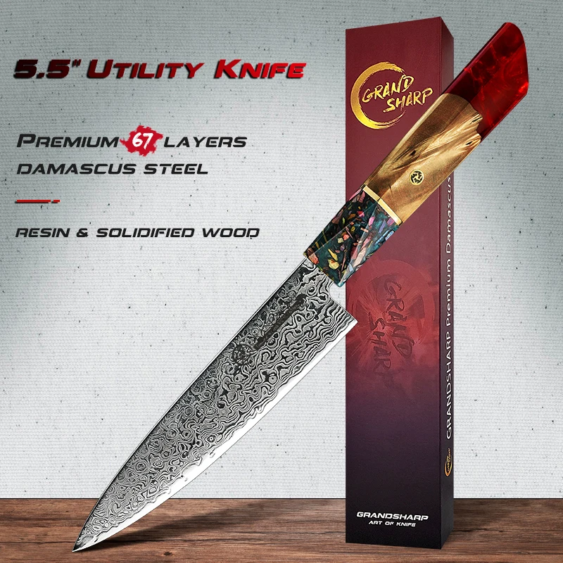 5.5 Inch Utility Knife Japanese Damascus AUS-10 Steel 67 Layers Chef\'s Kitchen Cooking Tools Red White Handle Christmas Gift