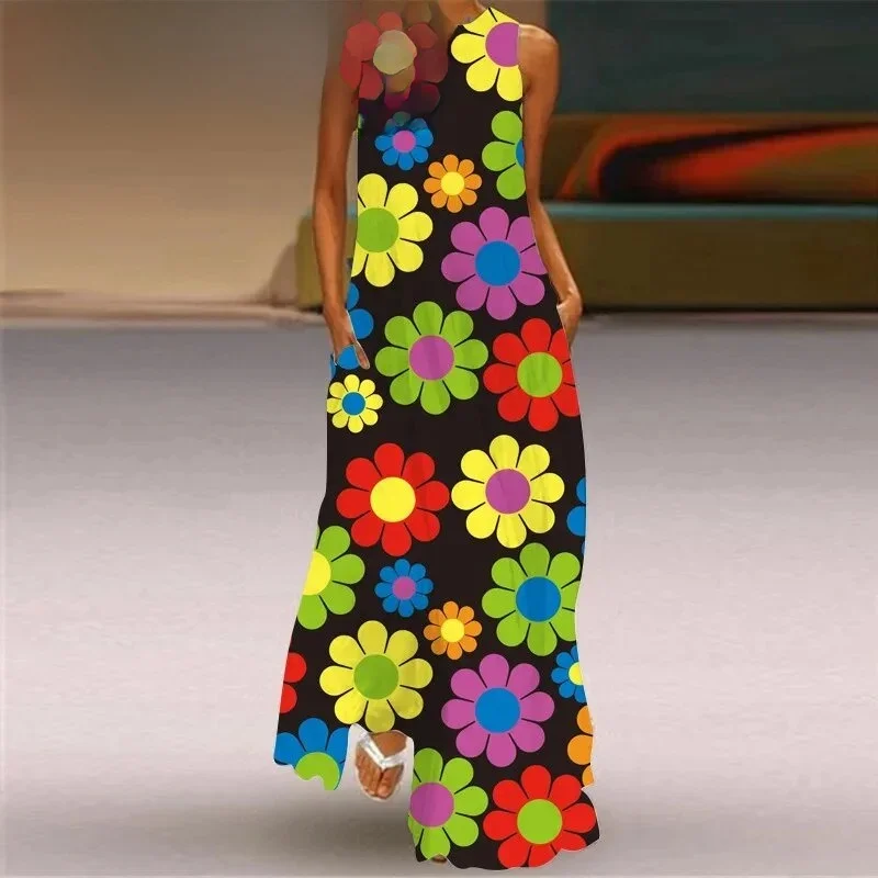 Power Flower długie sukienki damskie letnia seksowna bez rękawów, dekolt w serek, luźna sukienka moda 3D drukuj na co dzień kieszenie Maxi sukienka Sundress — zdjęcie 2