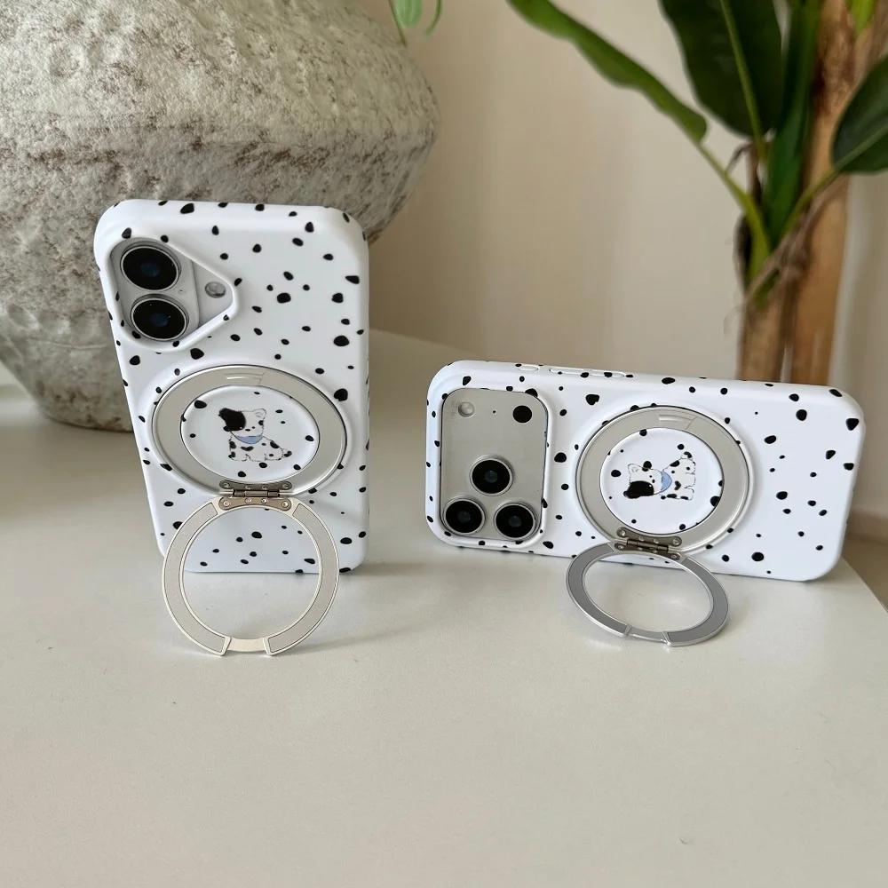 Korea INS Cute Spotted Puppy Print White Phone Case for iPhone iPhone 17 Pro 16 Max 15 16 17 Pro Max 15 Pro with Magnetic Holder