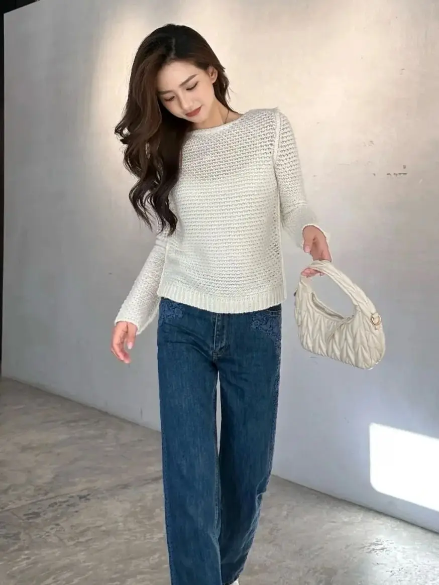 Casual 100% cashmere crocheted long sleeve pullover