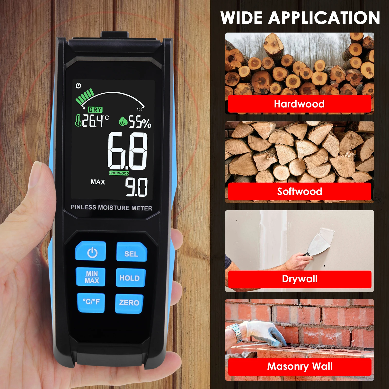 Digital Non-destructive Wood Moisture Meter For Drywall, Masonry, Softwood, Hardwood, VA Reverse Color Screen Display