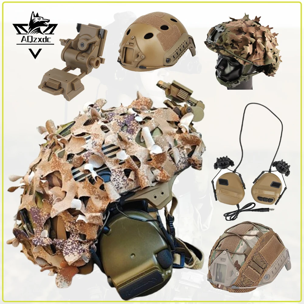 

Tactical Helmet Set FAST Protective helmet with Camouflage Helmet Cloth Headphones L4G24 Bracket for CS Airsoft Hunting Shooting