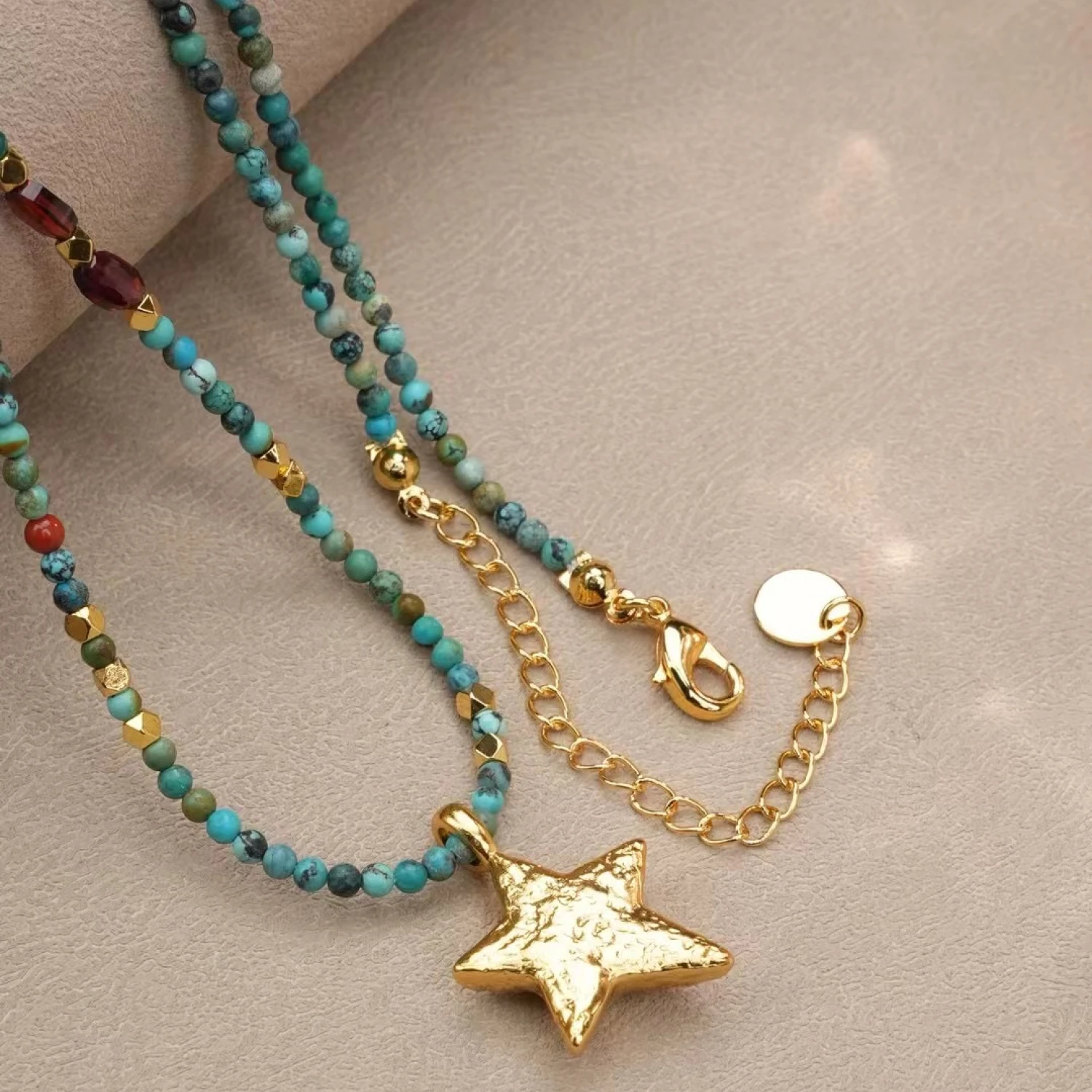 YAJUNIEL Natural Turquoise Gemstone Beads Necklace for Women Starfish Pendant 24K Gold Plated Hypoallergenic Adjustable Chain