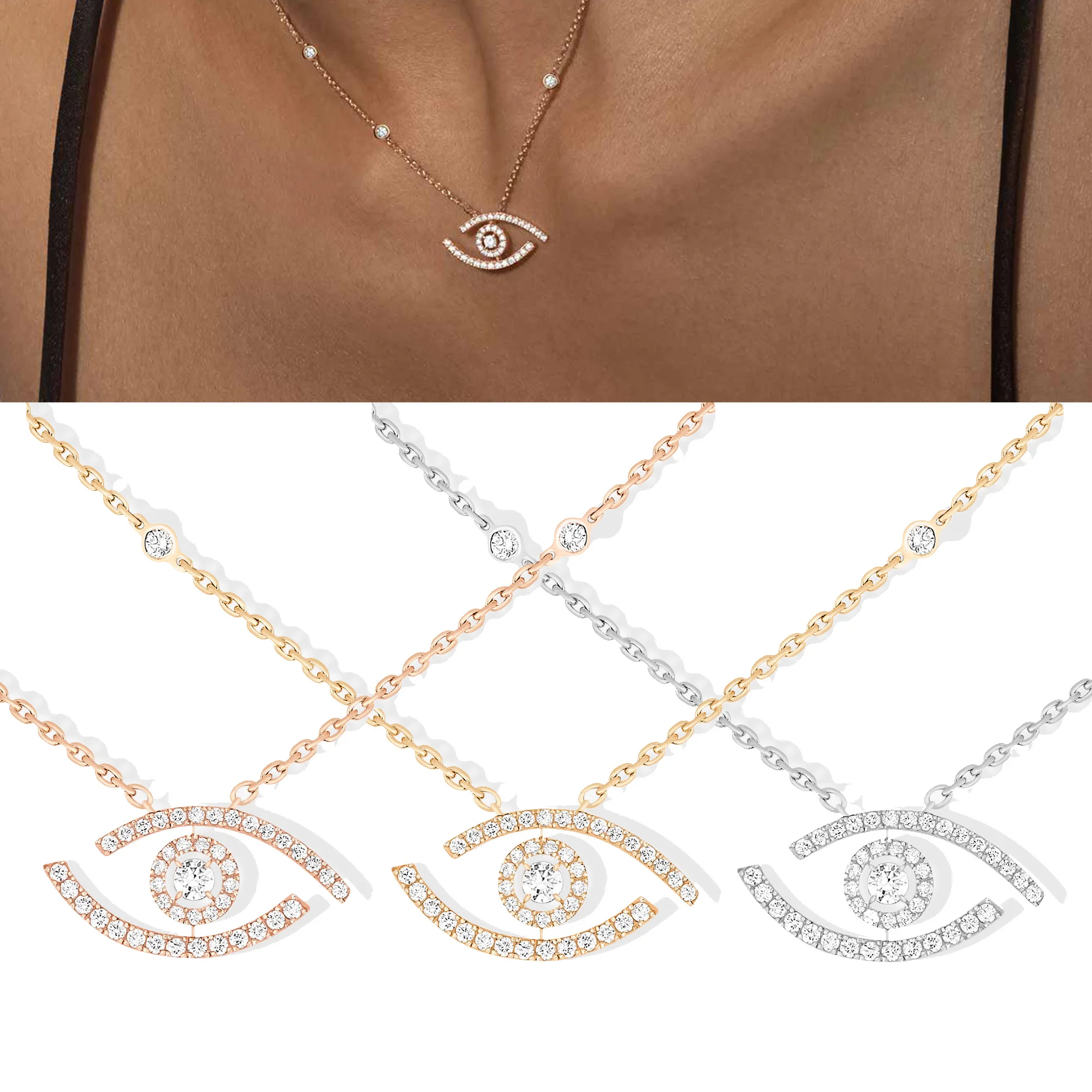 Messika Sterling Silver 925 Eyes Set with Diamonds for a High Grade Necklace