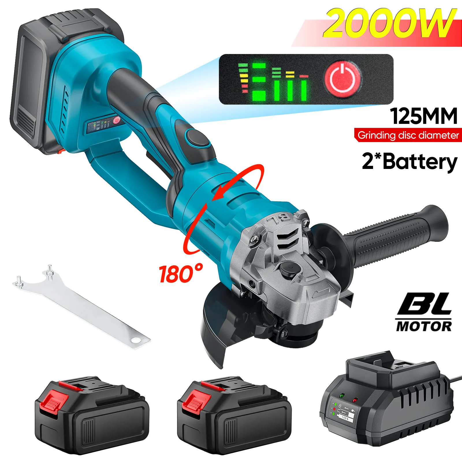 Amoladora Angular Eléctrica Inalámbrica de 2000W y 125MM, 3 Velocidades, Herramienta Eléctrica para Trabajar la Madera, Compatible con Baterías Makita