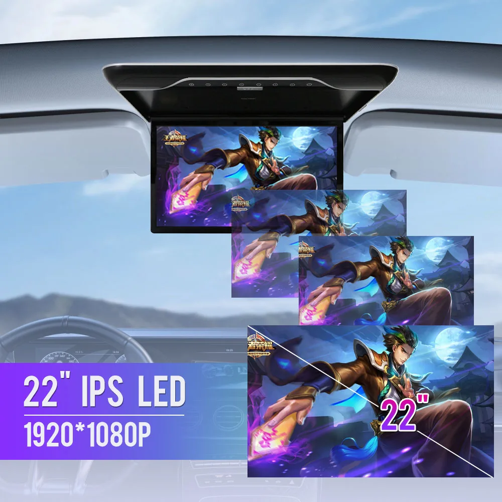 22 Inch Car Roof Monitor 1080P Flip Screen Top Multimedia Video Ceiling Roof Mounted Display With 16-color Ambient Light HDMI FM