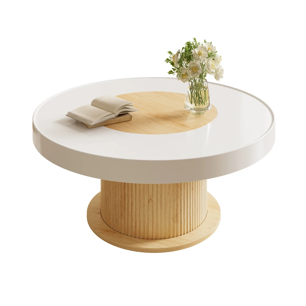 Table basse ronde compacte pour salon avec base cylindrique cannelée, plateau bicolore en bois blanc, MDF et PVC, idéale pour les petits appartements