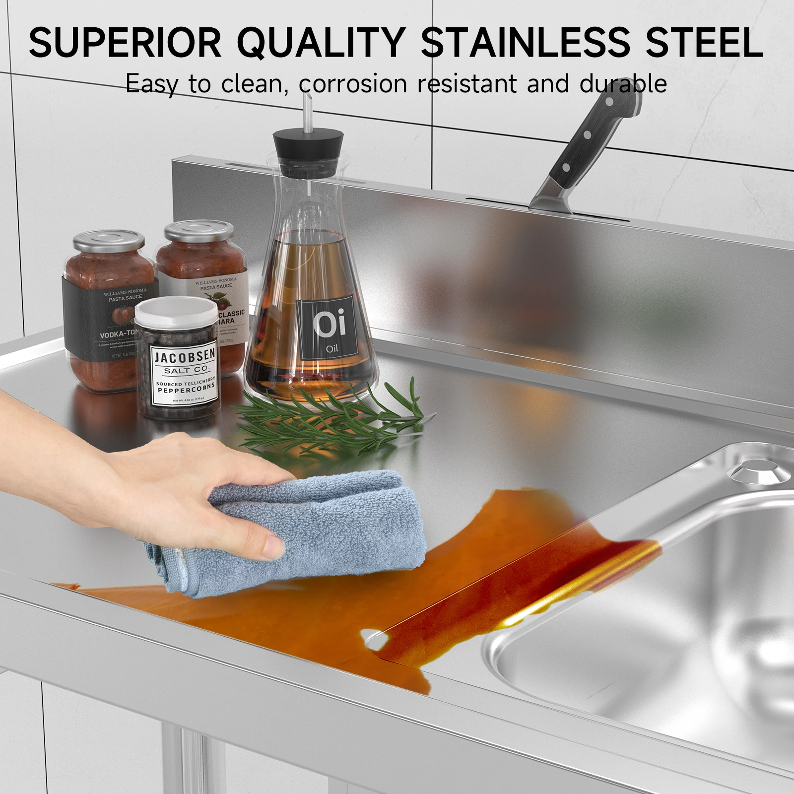 Stainless Steel Utility Sink 1 Compartment Free Standing Small Sink with Workbench, 20"D x 39"W Commercial Single Bowl Sinks