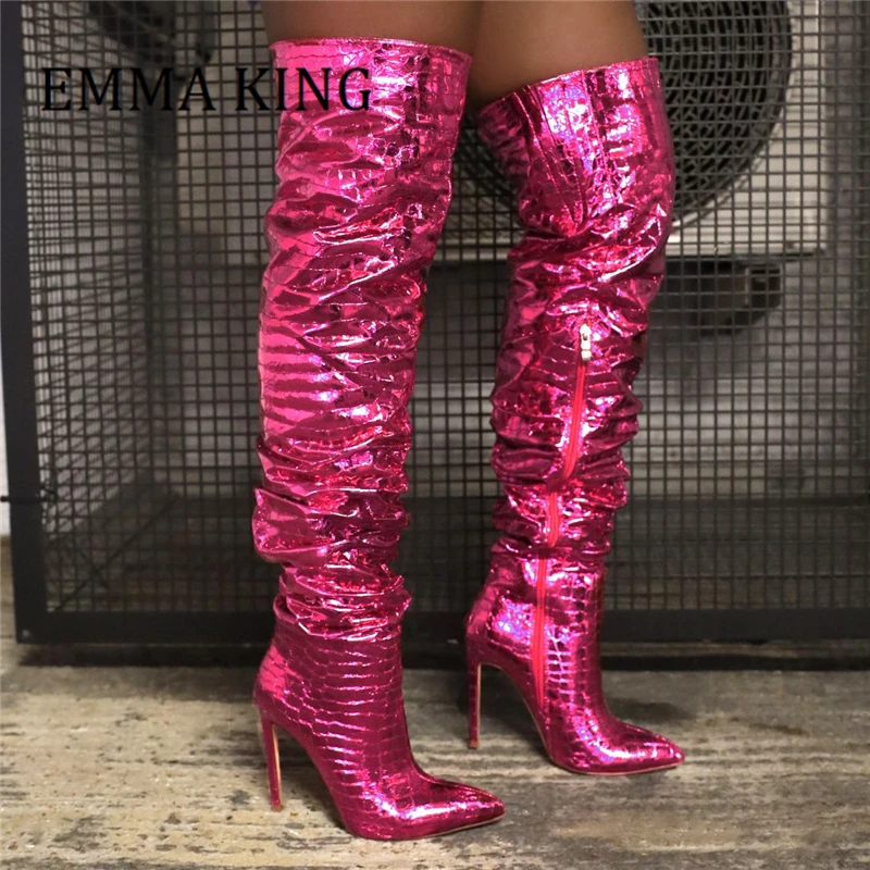 

Winter Women Thigh High Boots Shiny Metallic Leather Stiletto High Heels Over The Knee Boots Sexy Pointed Toe Side Zipper Boots