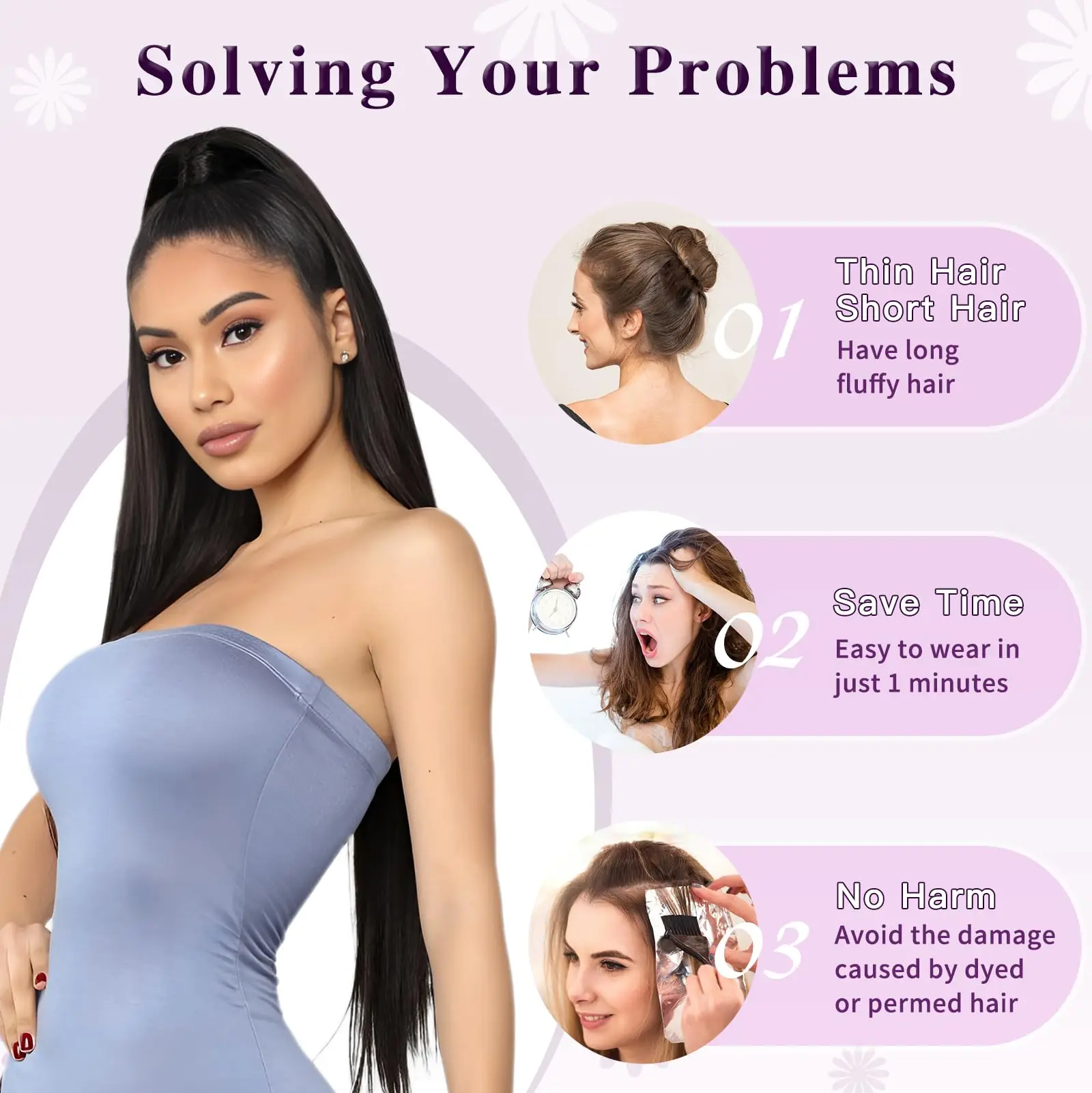 스트레이트 드로스트링 포니테일 익스텐션 브라질리언 버진 인모 익스텐션 인모 포니테일 # 1B 내추럴 블랙 컬러