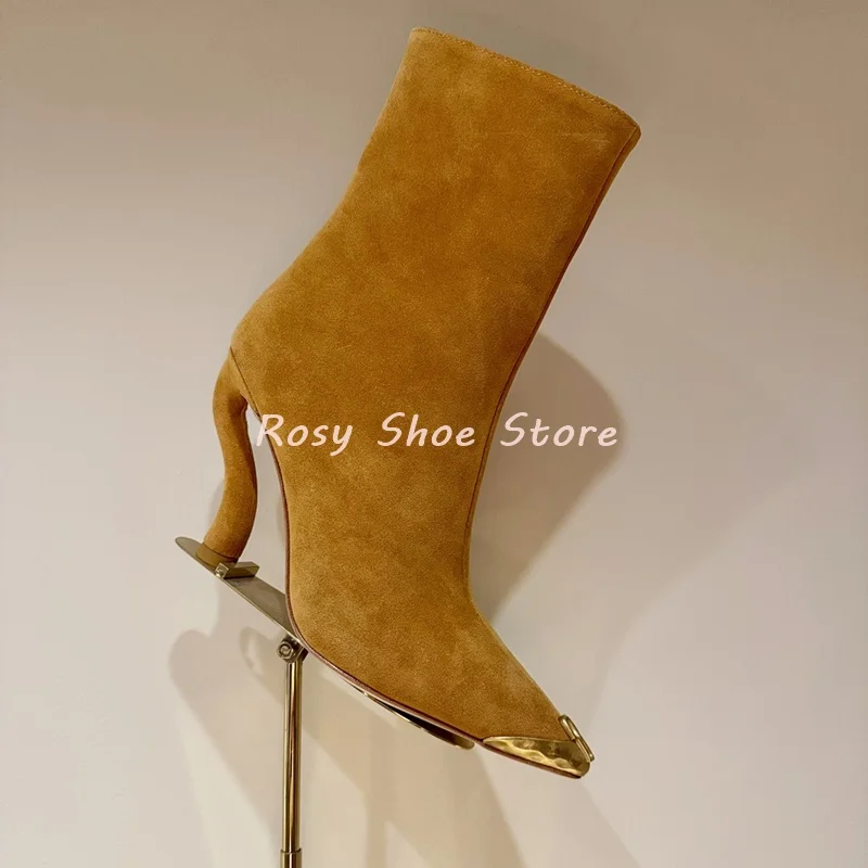 

Women's Brown Suede Ankle Boots Gold Metal Pointed Keyhole High Quality Short Boot Black Genuine Leather Sexy S-Shaped Heel Boot