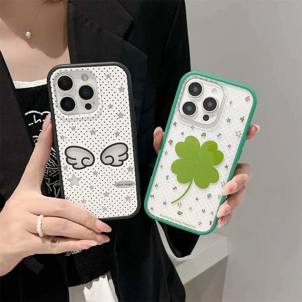 

Korean INS cute leaf star wing phone case for iPhone 17 Pro 13 16 15 14 Pro Max stylish polka dot shockproof protective cover
