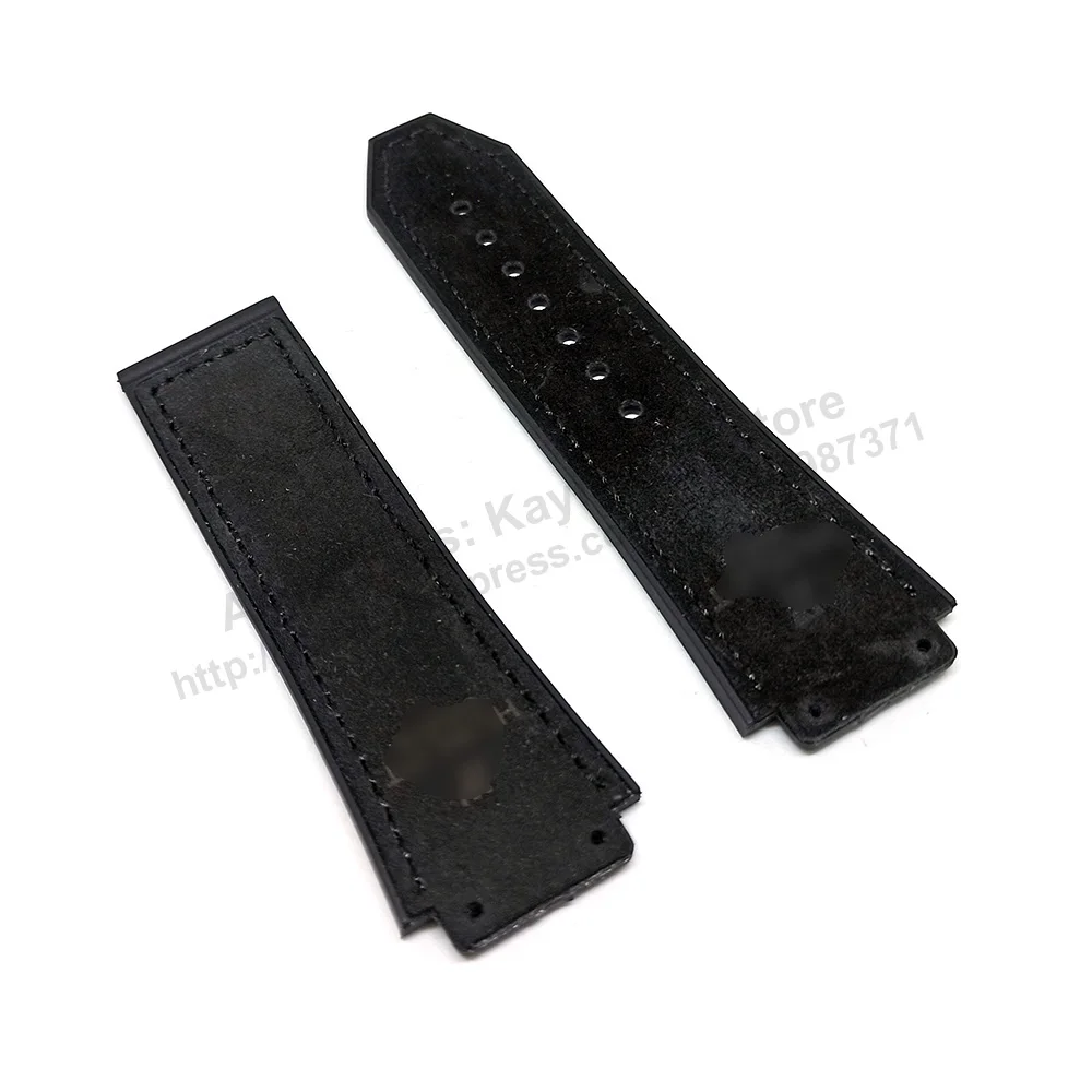 19mm Black Suede Leather On Black Rubber Replacement Watch Band Strap Compatible with Hublot 45mm cases