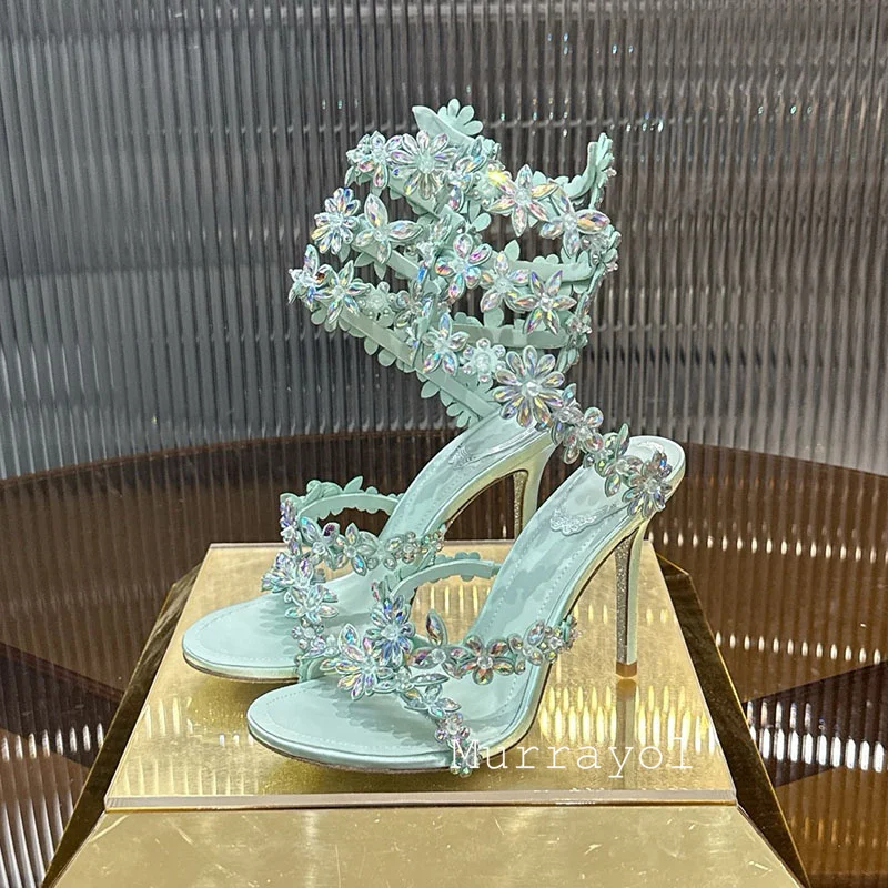 Sandals Women Real Leather Narrow Band Summer Flower Rhinestone Ankle Strap Thin High Heels Sandalias Wedding Party Dress Shoes view 6