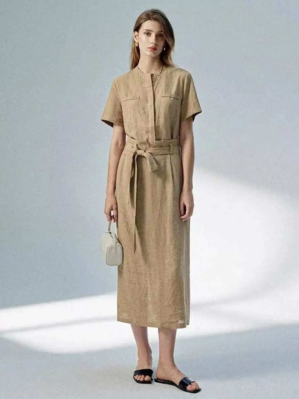 

Minimalist style pure linen skirt suit with belt