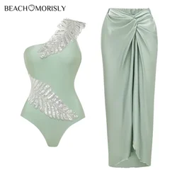 2024 New Women's swimsuit and sarong  Sequin Leaf Embroidery One Piece set two-piece Swimwear Beachwear  bikini Bathing Suit