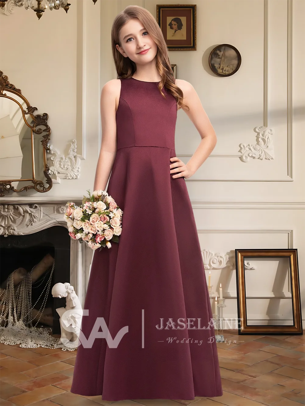 Элегантное платье подружки невесты с круглым вырезом, атласное трапециевидное платье длиной до пола с карманами, платье с цветочным узором для девочек, официальная свадьба для девочек