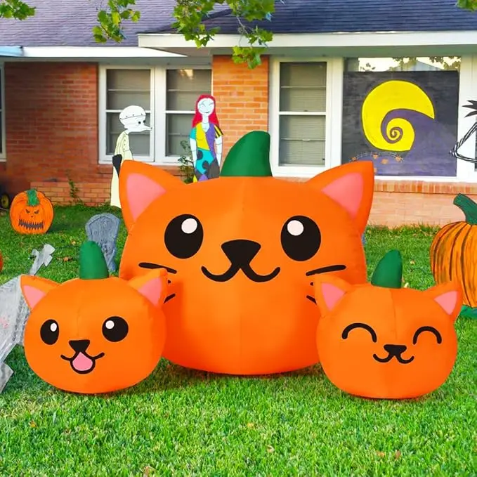 Combinazione di tre teste di gatto zucca gonfiabili di Halloween lunghe 5 piedi con decorazione gonfiabile a LED per feste in giardino in cortile