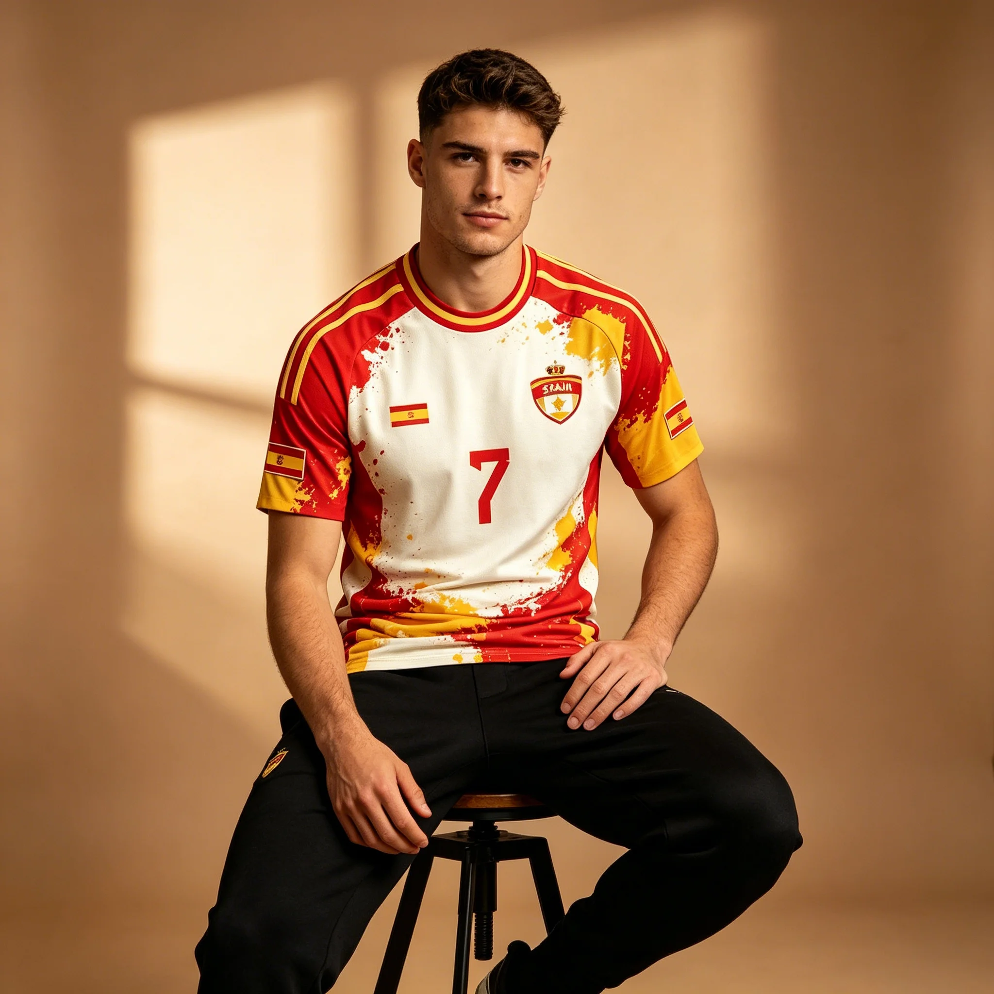 Herren Spanien Nr. 7 Fußballtrikot Rot-Gelb mit Farbspritzer-Print Spanische Nationalmannschaft Fan Kurzarm Fußball-T-Shirt