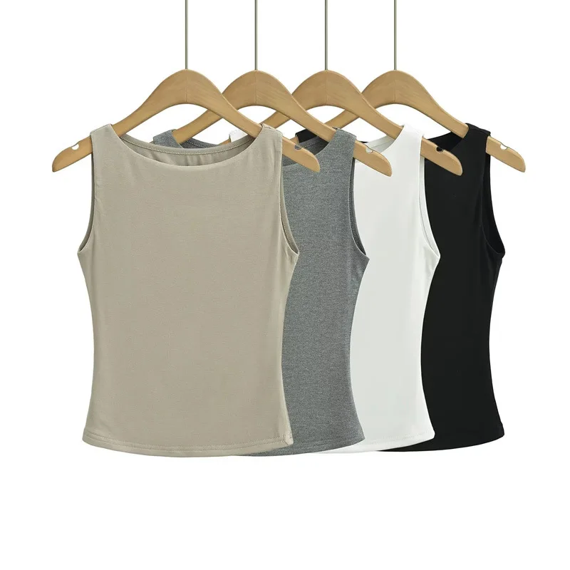 Double Layer Boat Neck Top Women's Soft Slinky Tank Comfortable Stretchy Undershirt Casual Sleeveless Tee Top Solid Multi Colors
