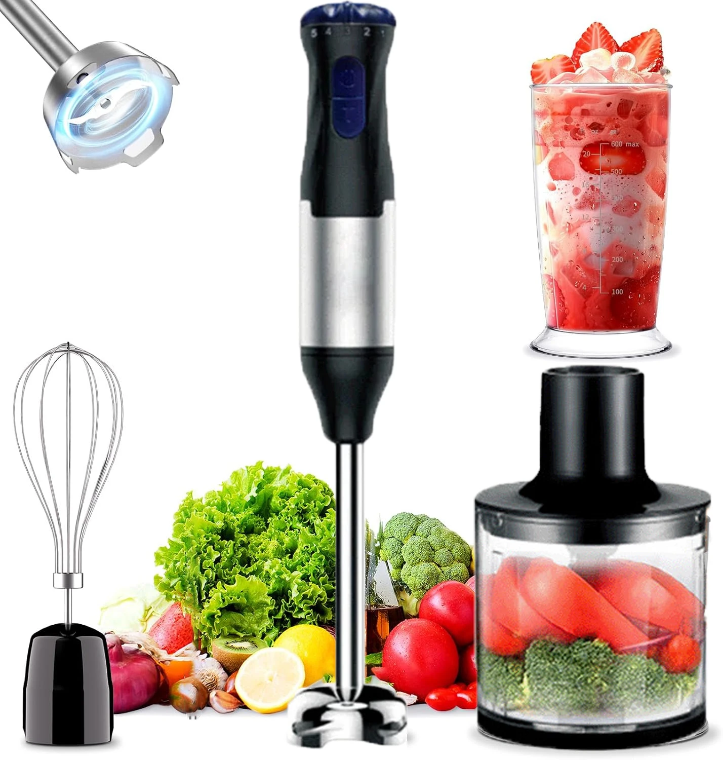 OWJHE 4-in-1-Handmixer, 1000 W, leistungsstarker Stabmixer aus Edelstahl, 700 ml Rührbecher, 500 ml Prozessor, Schneebesen