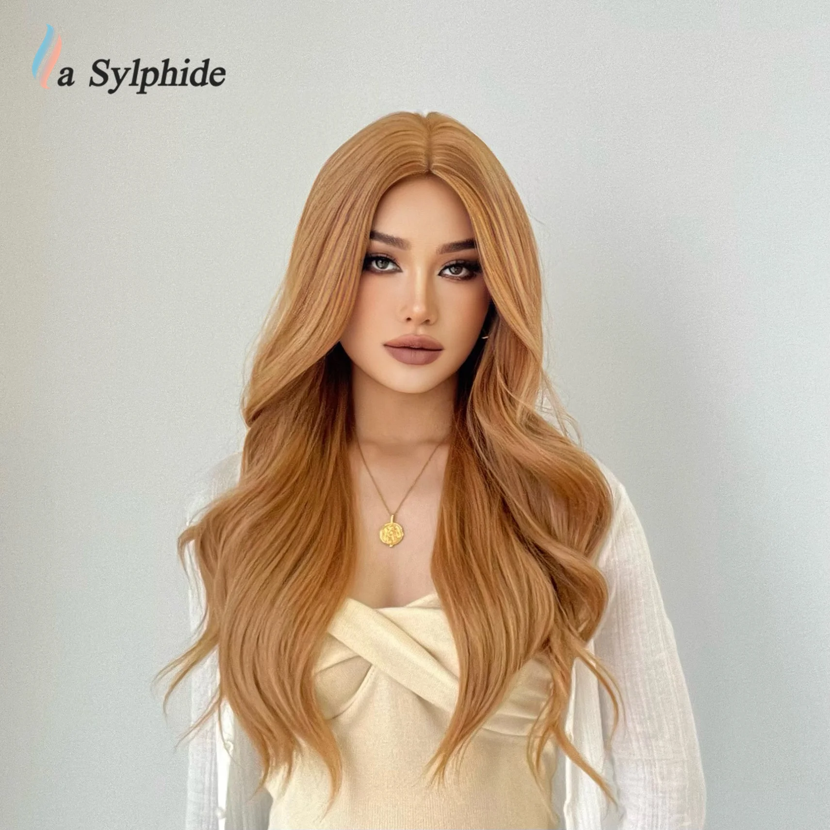 La Sylphide Long Wave Middle Part Synthetic Wig Golden Blonde Wig Cosplay Daily Natural Woman Wigs Heat Resistant Hair