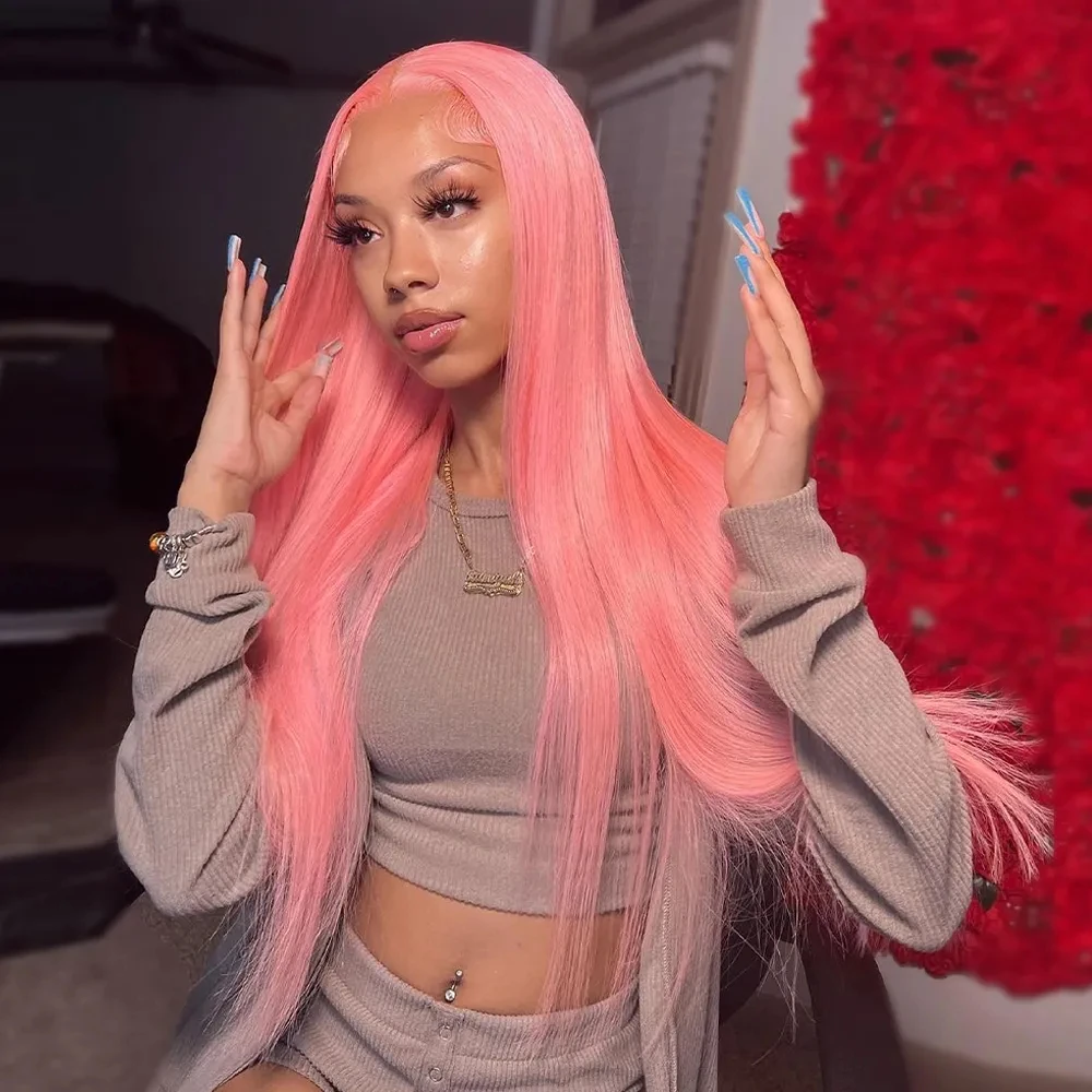 30 inch 13x4 Pink Lace Front Wig Human Hair Straight 13x6 Transparent Lace Frontal Wig Straight Pink Wigs Colored Wigs