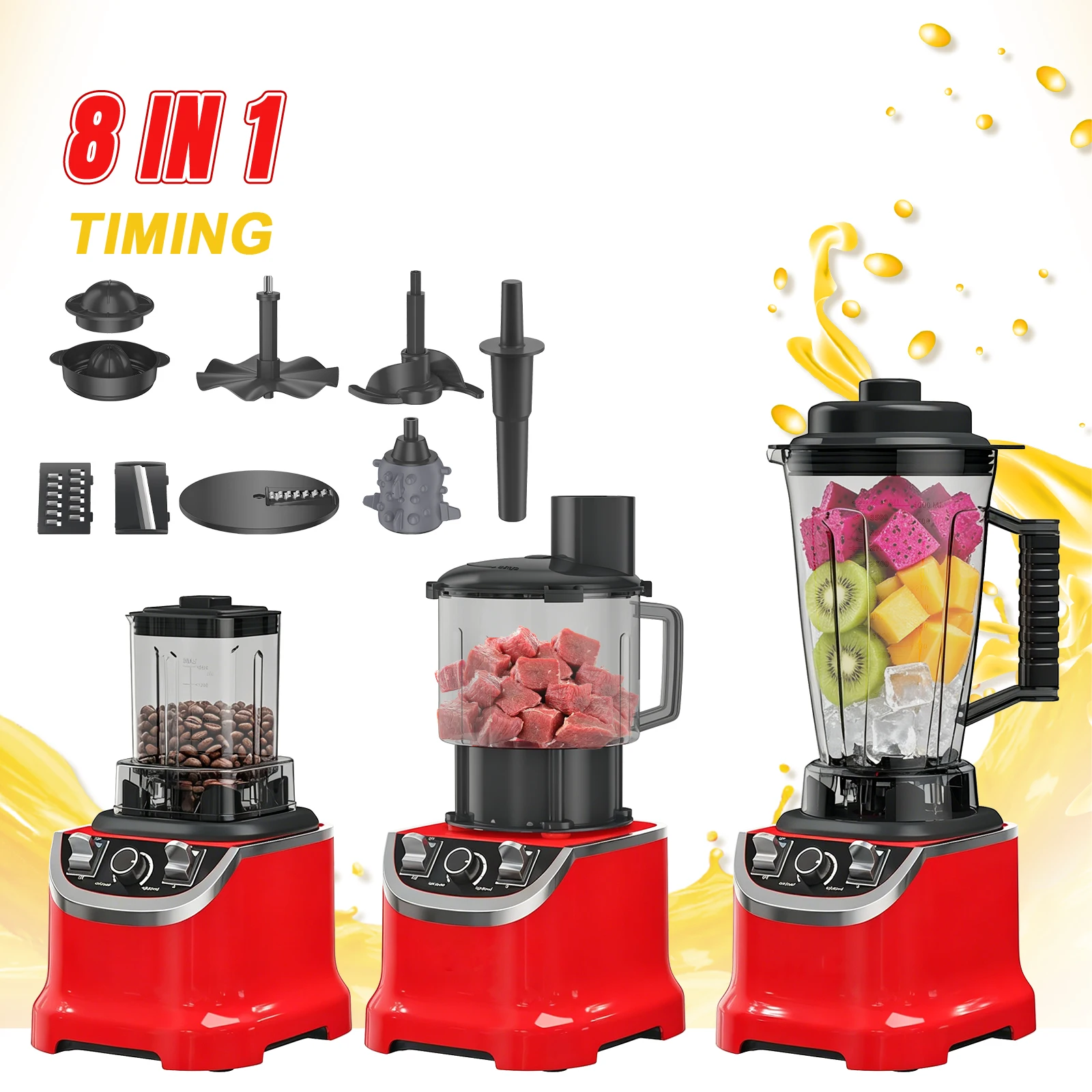 8-in-1 Multifunktionaler Mixer Küchenmaschine 9500W, 3L Hochgeschwindigkeitsmixer 32000RPM Entsafter Fleischzerkleinerer Smoothie-Maker Küchengerät