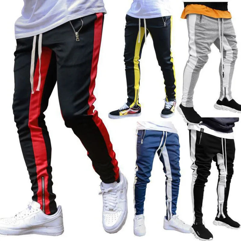 2022 New Sports Casual Pants Low Feet Zip Pocket Cotton Summer Pants Casual Men\'s Sports Pants Running Pants Splice Stripe Gym