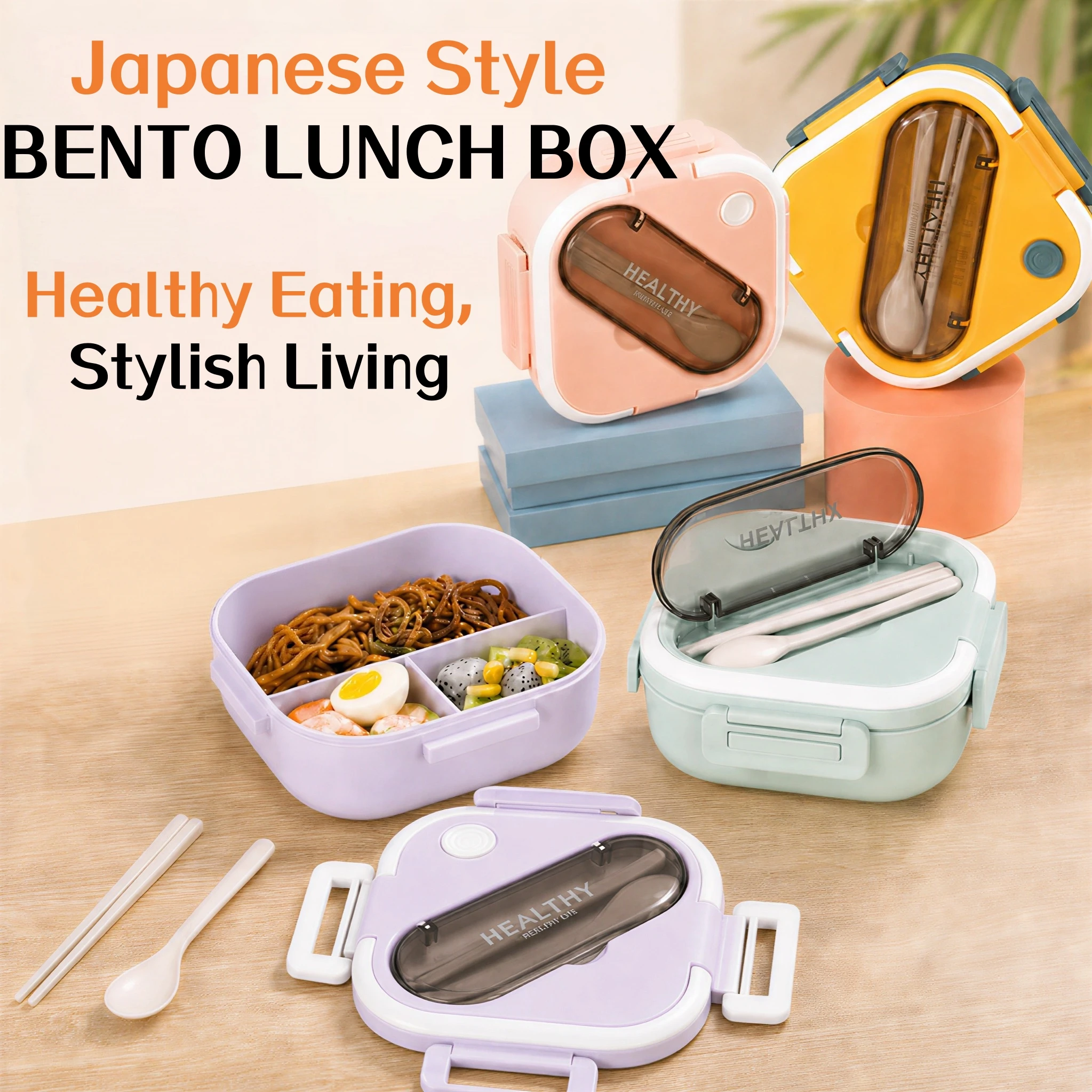 Lunch Box 1300ml Square Japanese Style Lunch Box With Handle And Cutlery 3 Compartments Microwavable Student Office Picnic Box