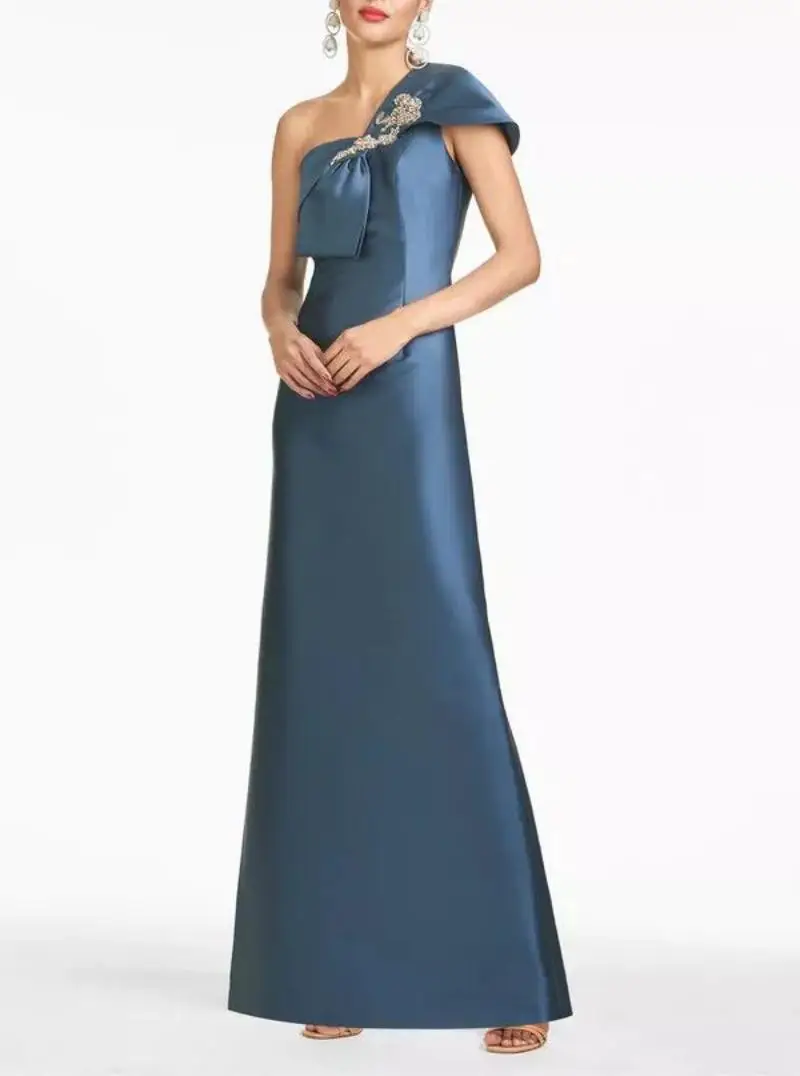 

2024 Women's Elegant Steel Blue Party Dress Luxurious One Shoulder Evening Dress Long Straight Through Hem Crystal Decorated Bow