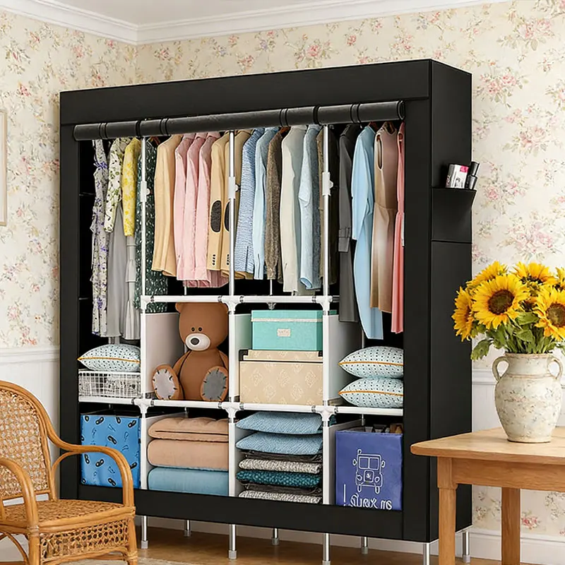 Juego de 1 pieza de armario fácil de montar de 170 cm con puerta corredera de cortina y múltiples estantes de almacenamiento, estructura de marco de acero engrosado que garantiza estabilidad, gabinete de almacenamiento
