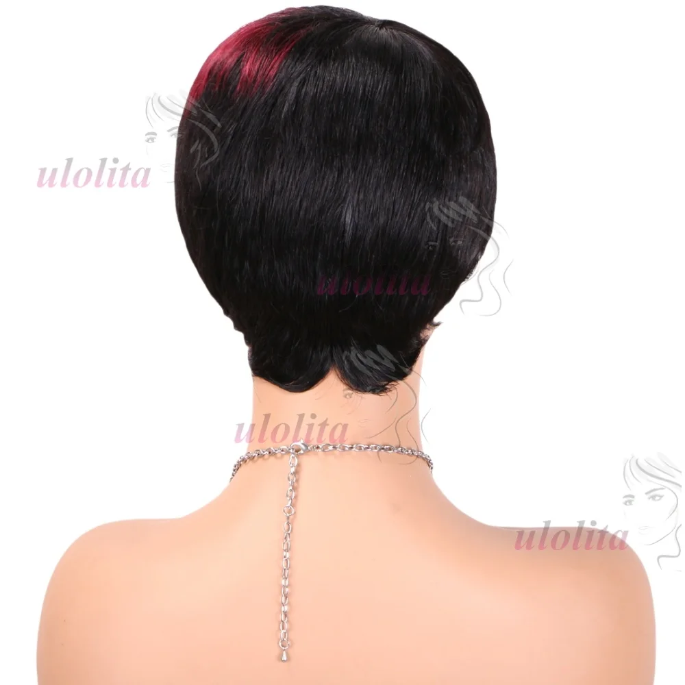 Schwarzbraune Highlight-Kurzhaarperücke mit geradem Schnitt für Frauen, Kleberlose Perücke mit Pony aus brasilianischem Remy-Echthaar – Detail 18