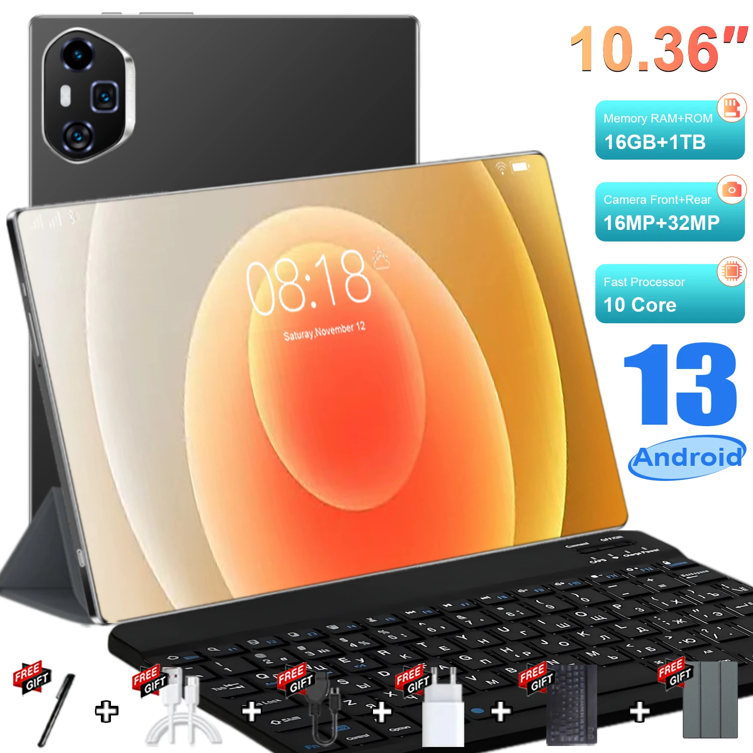 Tablette PC Android 13.0, écran 10,36 pouces, Google Play, processeur 10 cœurs, double caméra, double SIM, 5G, fonction d'appel téléphonique, Bluetooth, Wi-Fi, 16 Go + 1 To ROM