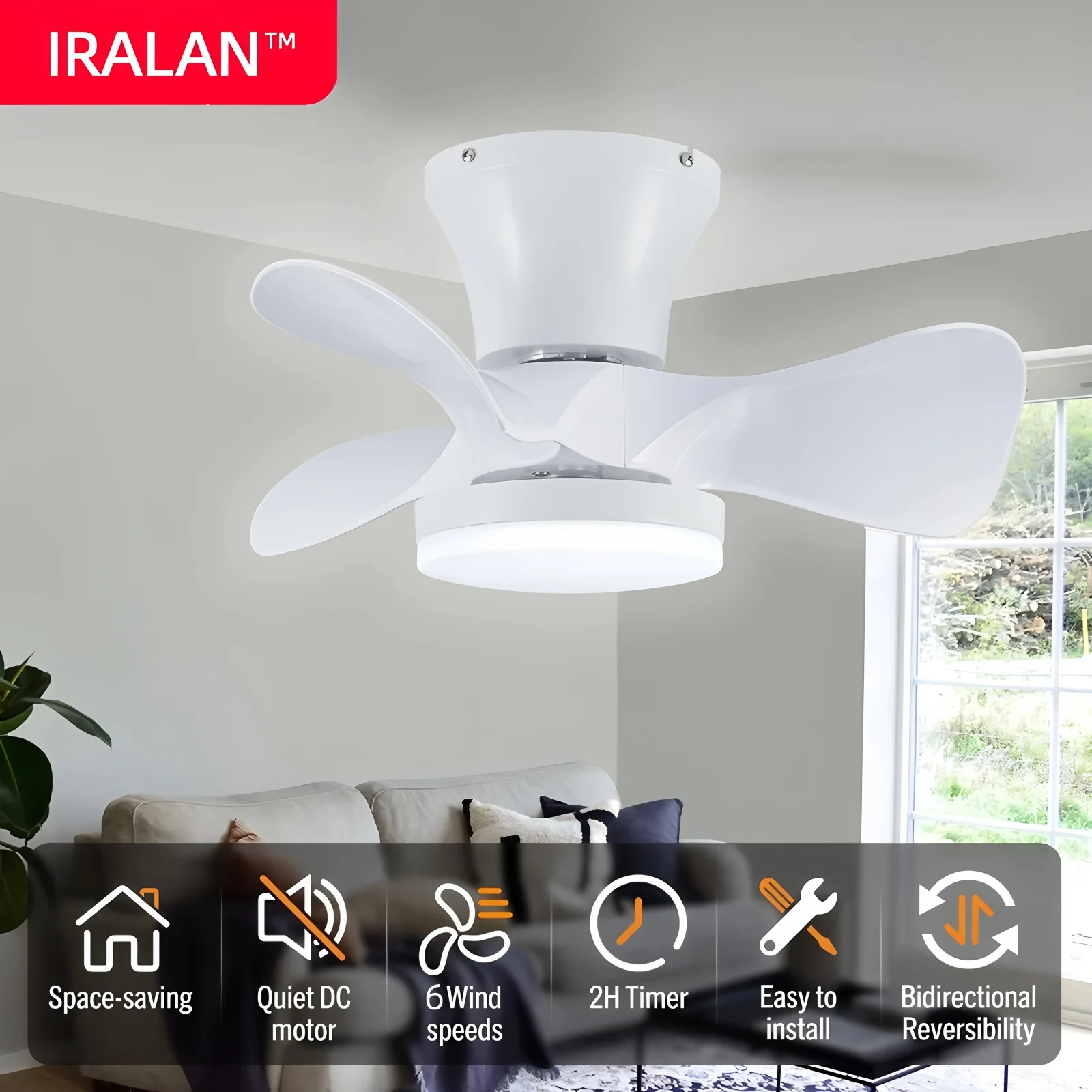 IRALAN Lampada da soffitto intelligente Ventilatore da soffitto bianco con illuminazione a LED da 22 pollici con luce Ventilatore elettrico semplice da pavimento basso per studio in camera da letto