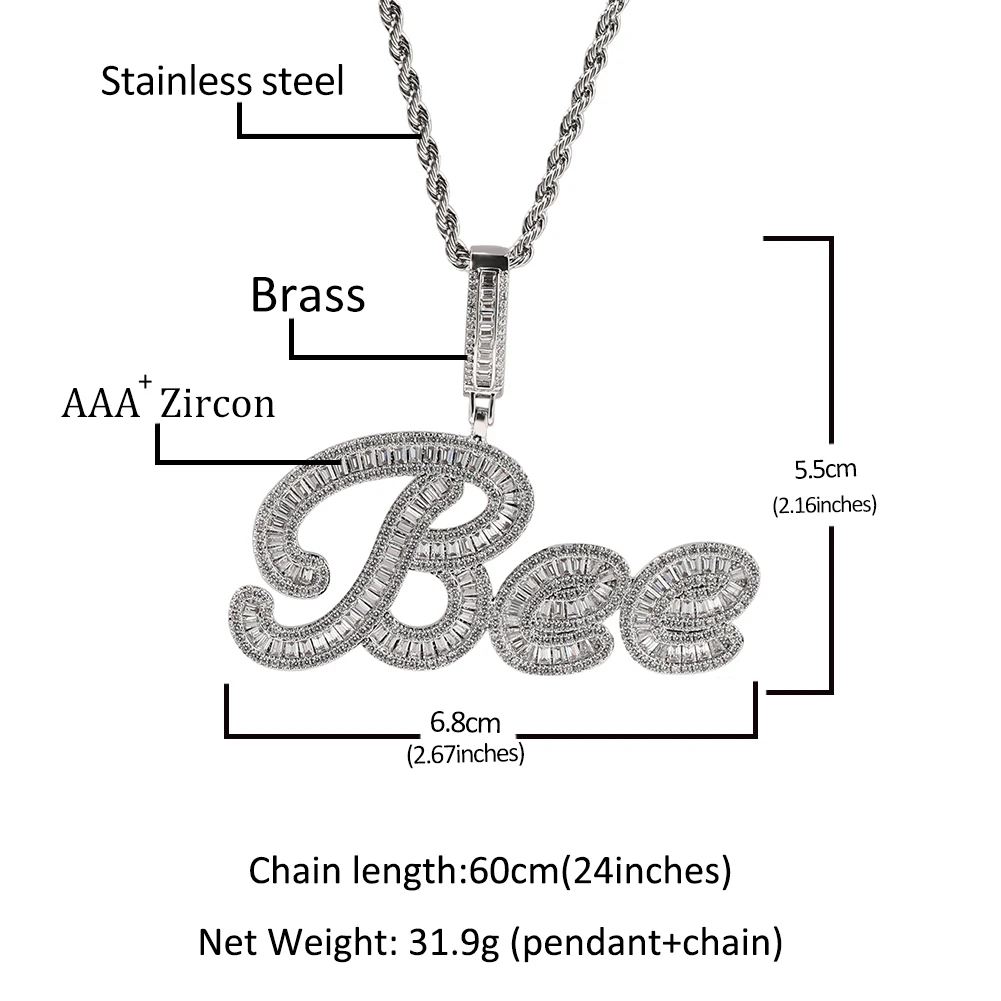 THE BLING KING Custom Brush Cursive Letter Name Pendant Necklace Iced Out Bageutte Cubic Zirconia Chain Necklace Hiphop Jewelry